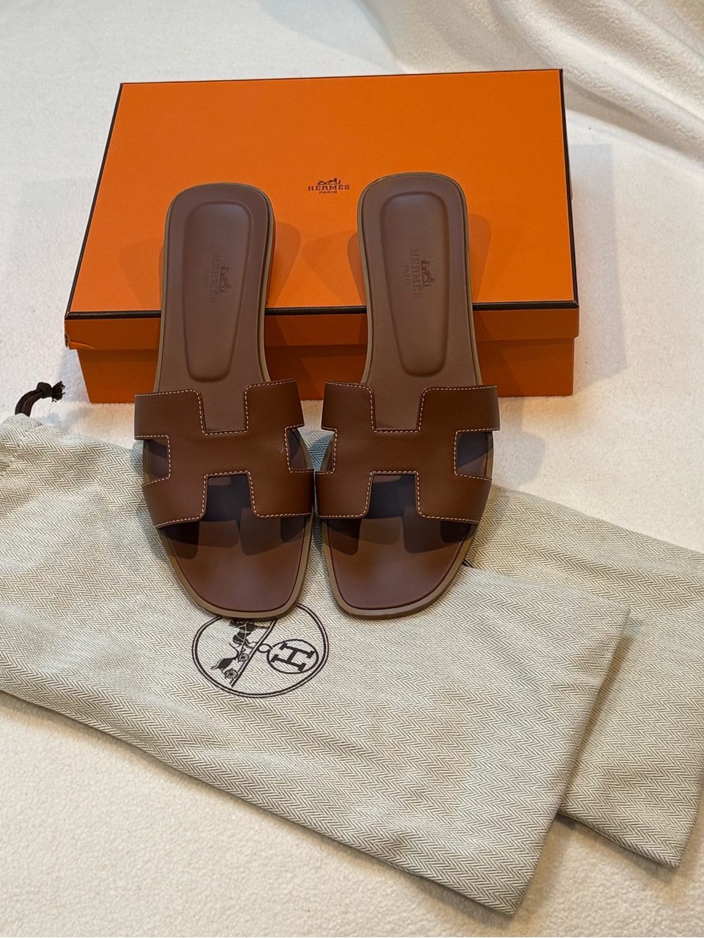 Hermes “Gold” (tan) Oran Leather Slide Sandals, 39.5